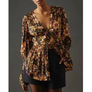 ANTHROPOLOGIE Peplum Tunic Womens XXS DEEP-V Corset Black Pink Gold Floral NWT